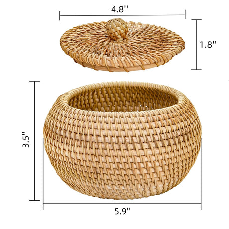 WRINGKIT Round Rattan Basket Box with Lid, Small Handmade Woven Storage Basket, Multi-purpose Wicker Bowl Decorative Organizer for Shelf, Home, Bathroom Decor WRINGKIT