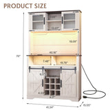 GlouMod Farmhouse Coffee Bar Cabinet with Sliding Barn Door, 70" Tall Kitchen Hutch China Cabinet w/Wine Rack, Power Outlet & Lighting, Liquor bar Station Food Pantry Storage Cabinet for Home, White GlouMod