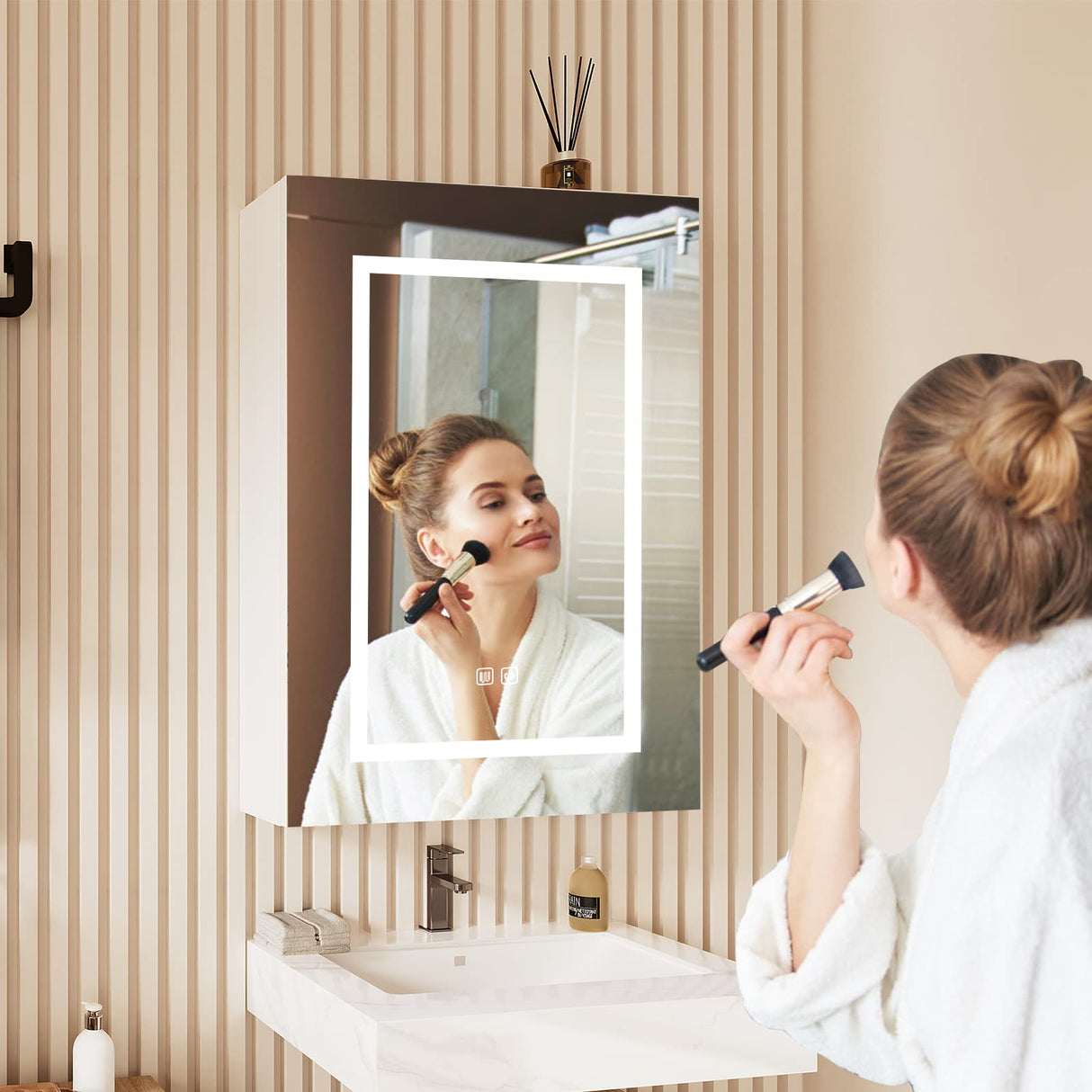 Mepplzian Lighted Medicine Cabinet Mirror for Bathroom,Led Medicine Cabinet with Defogger, Wall Mounted,LED Bathroom Mirror with Storage,20X28 Inch Mepplzian