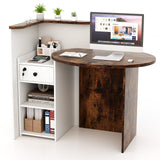 SILKYDRY Reception Desk, Small Retail Checkout Counter with Lockable Drawer and Open Shelves, Wooden Computer Workstation for Home Office Lobby, White Oval Desktop & Brown Counter SILKYDRY