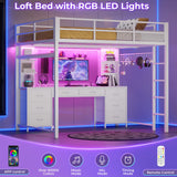 BTHFST Loft Bed with Desk, Full Metal Loft Bed with 8 Drawers Storage & Charging Station & LED Lights, 4 Open Storage Shelves, Noise-Free, Space-Saving, No Box Spring Needed BTHFST