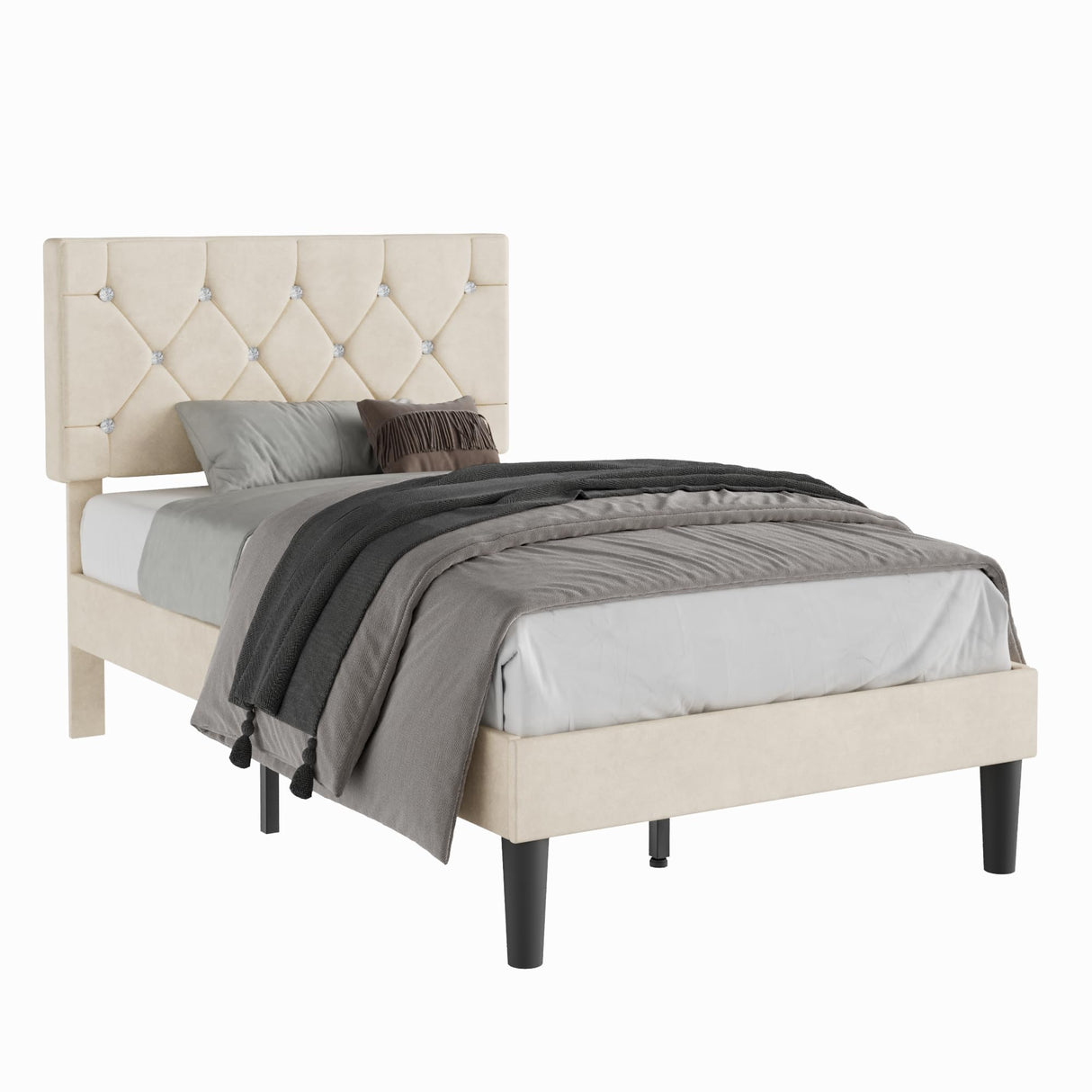 VECELO Twin Size Bed Frame, Upholstered Platform with Adjustable Diamond Tufted Headboard, Wood Slat Support, No Box Spring Needed, Pala Beige VECELO