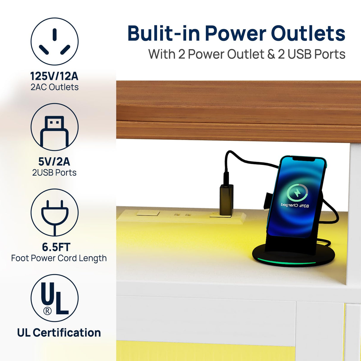 amzzar Wine Bar Cabinet with LED Lights, Small Liquor Cabinet for Home with Glass Holders and Wine Racks, Mini Home Bar with Power Outlet, Modern Rotating Coffee Bar Table for Office (White) amzzar