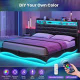 BTHFST Queen Bed Frame with Lift Up Storage, Charging Station & RGB Lights Headboard, PU Leather Upholstered Bed, No Box Spring Needed, Hydraulic Storage, Heavy Duty Wooden Slats, PU Black BTHFST