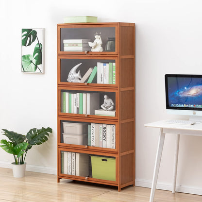 MoNiBloom Bamboo Bookcase with Acrylic Doors 5 Tier Free Standing Book Shelf Storage Organizer for Living Room Office Bedroom, Brown - WoodArtSupply