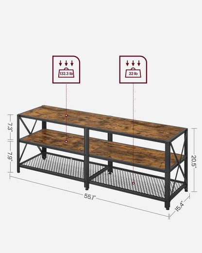 VASAGLE TV Stand, TV Console for TVs Up to 65 Inches, TV Table, 55.1 Inches Width, TV Cabinet with Storage Shelves, Steel Frame, for Living Room, Bedroom, Rustic Brown and Black ULTV094B01