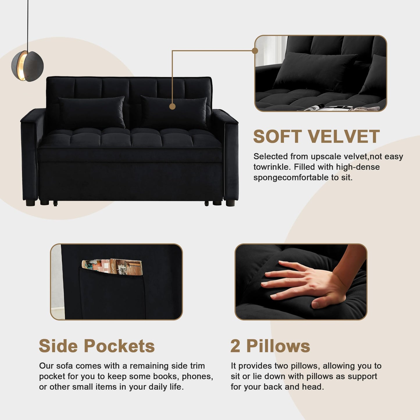 SumKea Pull Out Couch Bed Sleeper Sofa, Velvet 3-in-1 loveseat Sofa Bed with Pull-Out Bed, Two Throw Pillows, Balck