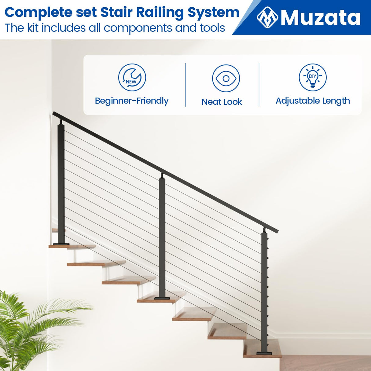 Muzata 3'-6'6" Black Complete Cable Railing Kit for Stairs 42 Inch Cable Railing System with Post Handrail Length Adjustable Easy DIY with User Guide Complete Set RCS1 BA4L Muzata