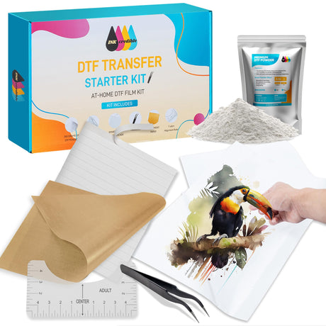 DTF Transfer Powder Film Kit for DTF Sublimation Printer,All-in-1 DTF Starter Kit- 8.8oz White Digital Hot Melt Adhesive &15 Direct to Film Pretreat Iron-on Transfer Paper Fabric INKCREDIBLE