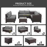 WAROOM 6 Pieces Patio Furniture Set PE Wicker Outdoor Brown Rattan Sectional Sofa Loveseat Couch Conversation Sets with Storage Bin Coffee Table, Anti-Slip Grey Cushion WAROOM