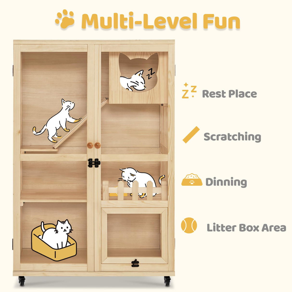 MCombo Wooden Cat Houses for Indoor Cats, Luxury Cat House with Scratching Pad, Lockable Doors, Wheels, CT090 MCombo