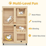 MCombo Wooden Cat Houses for Indoor Cats, Luxury Cat House with Scratching Pad, Lockable Doors, Wheels, CT090 MCombo