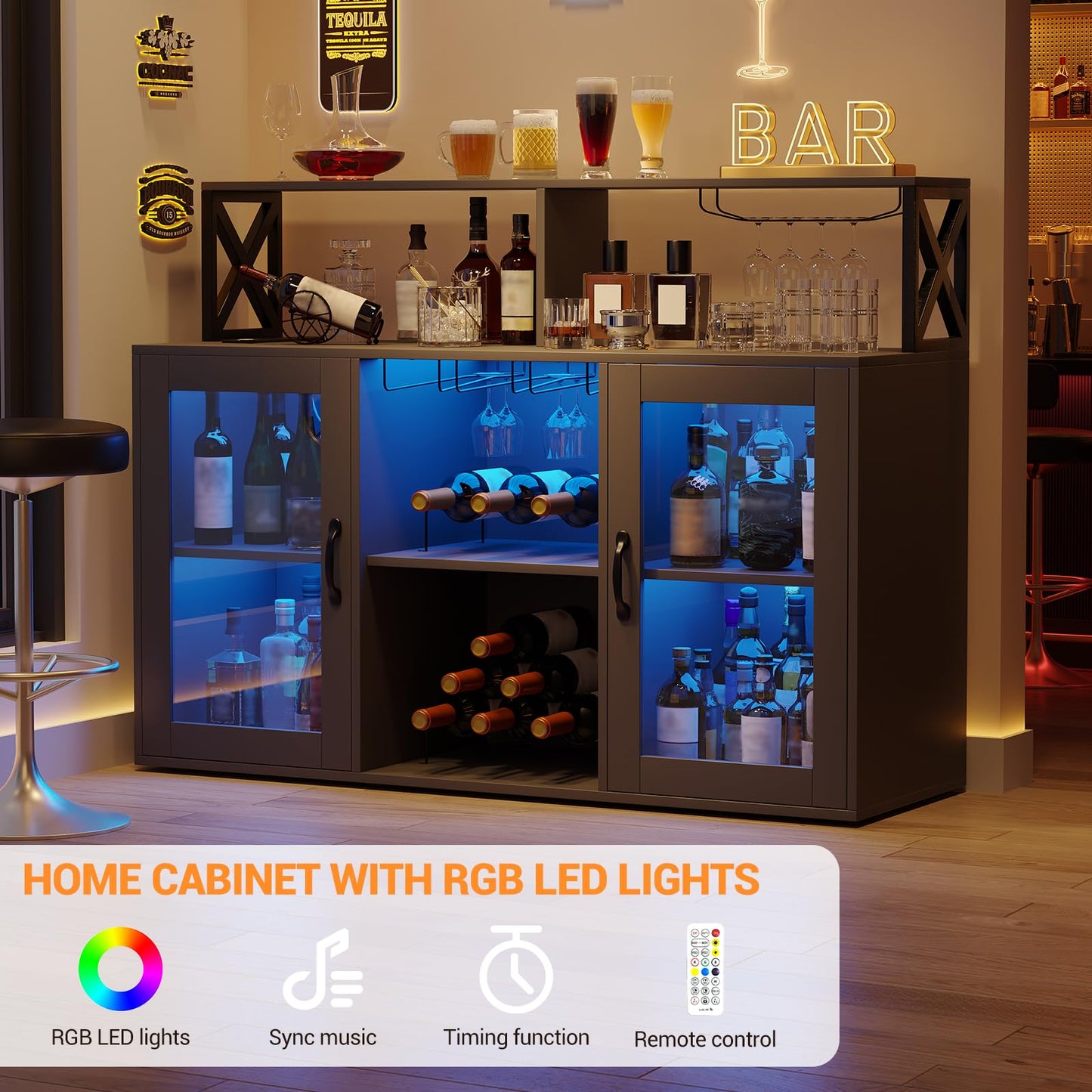 GarveeHome Bar Cabinet for Home, Liquor Cabinet with Power Outlets, Led Lights and and Glass Holder, Wine Cabinet with Storage, Wine Cabinet with Racks for Home, Kitchen Black