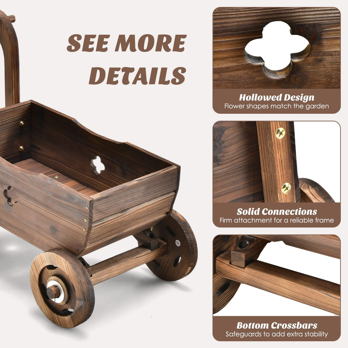 HAPPYGRILL Wagon Flower Planter Cart, 4-Wheel Wood Garden Wagon Decor with 2 Drainage Holes, Movable Flowerpot Holder Stand, Indoor Outdoor Raised Plant Bed HAPPYGRILL