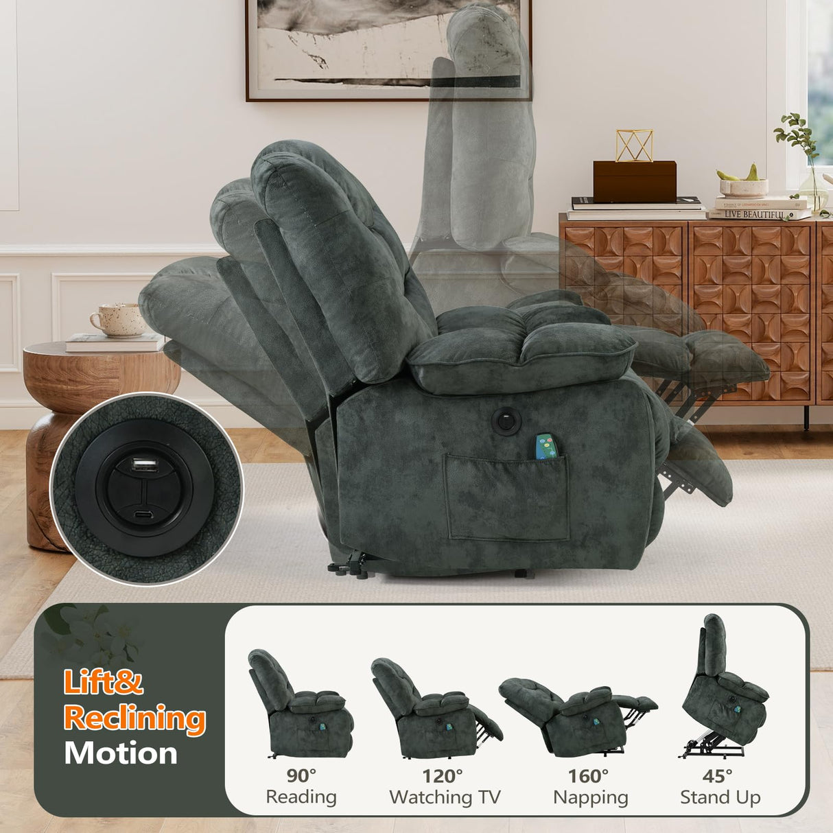 HAOMARKETS Oversized Power Lift Recliner Chair with Massage and Heat for Elderly, Soft Fabric Electric Lifting Recliners with Side Pockets and USB Port for Living Room, Dark Green HAOMARKETS