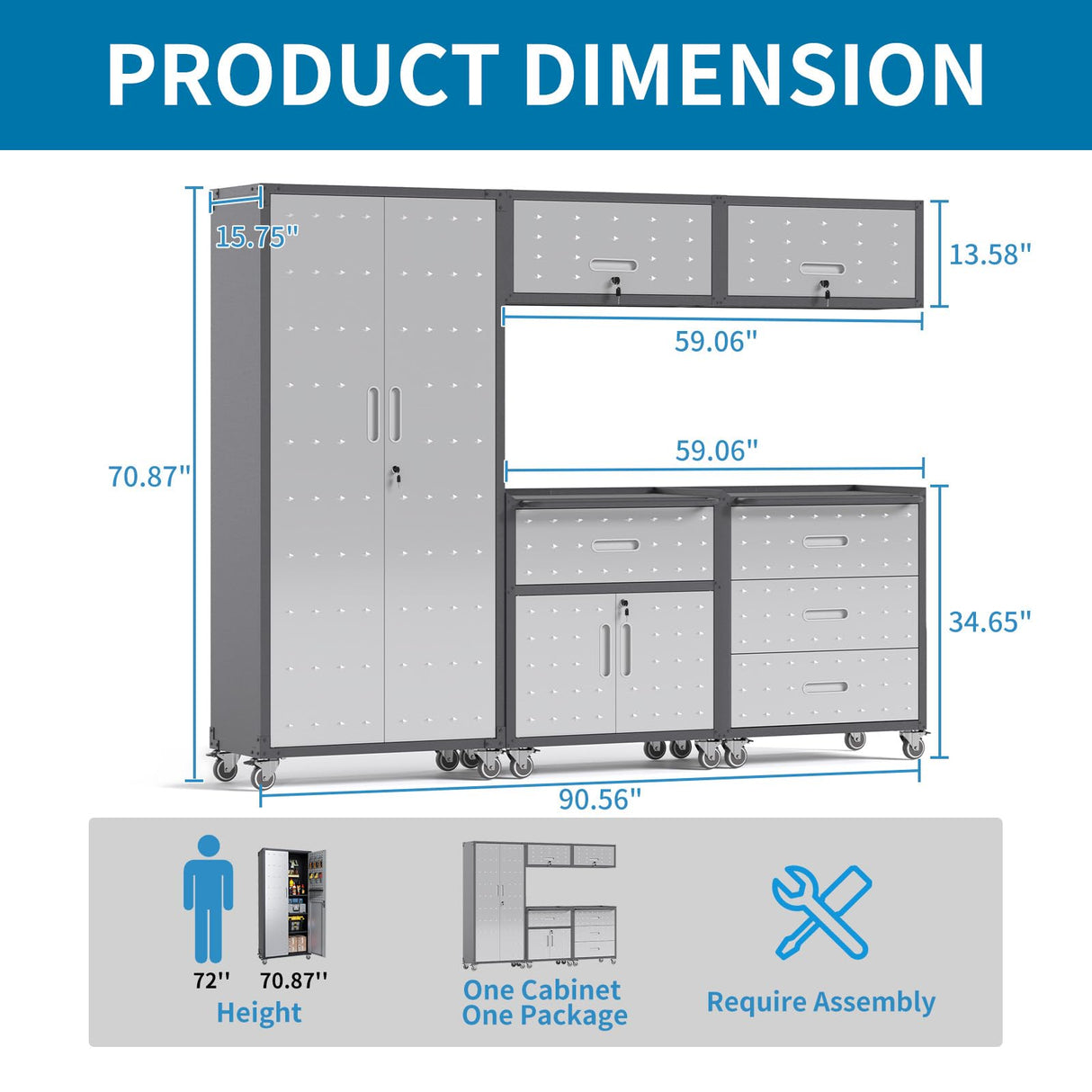 FLIXELIO Garage Storage Cabinets System 5PCS Workshop Set with Drawers Locking Heavy Duty Rolling Cart with Adjustable Shelves Garage Tool Workbench Cabinets (5 PCS-2) FLIXELIO