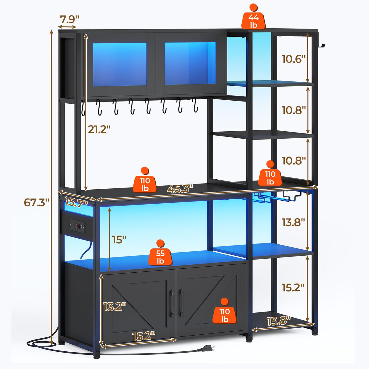 Itaar Bakers Rack with Power Outlet and LED Light, 45.3 Inch Farmhouse Coffee Bar Cabinet, Kitchen Microwave Stand with Storage, Glass Cabinet, Goblet Holder and 8 Hooks, Black Itaar