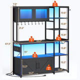 Itaar Bakers Rack with Power Outlet and LED Light, 45.3 Inch Farmhouse Coffee Bar Cabinet, Kitchen Microwave Stand with Storage, Glass Cabinet, Goblet Holder and 8 Hooks, Black Itaar