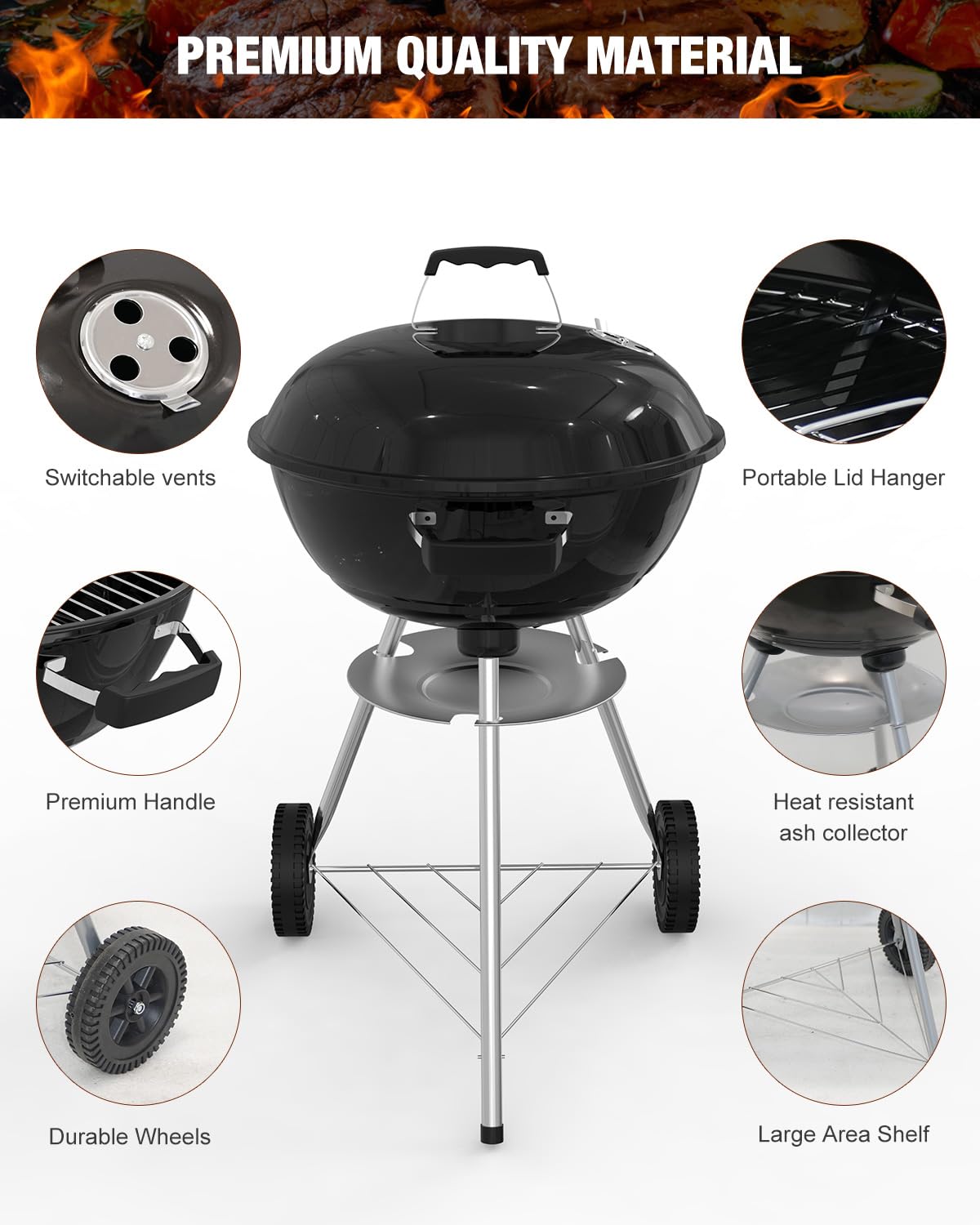 18 inch Charcoal Grill, Outdoor Barbecue Kettle Grill, 227 Square Inches Cooking Space, Highly Cost-Effective Portable Grill, Perfect for Outdoor BBQ Party, Camping and Small Patios, Black