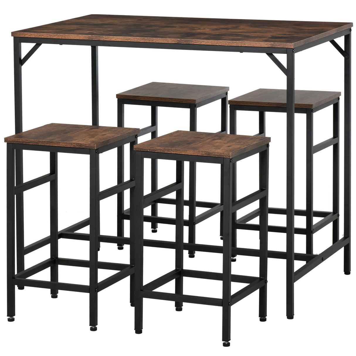 HOMCOM 5-Piece Industrial Dining Table Set, Bar Table & 4 Stools Set, Space Saving for Pub & Kitchen, Black/Brown HOMCOM