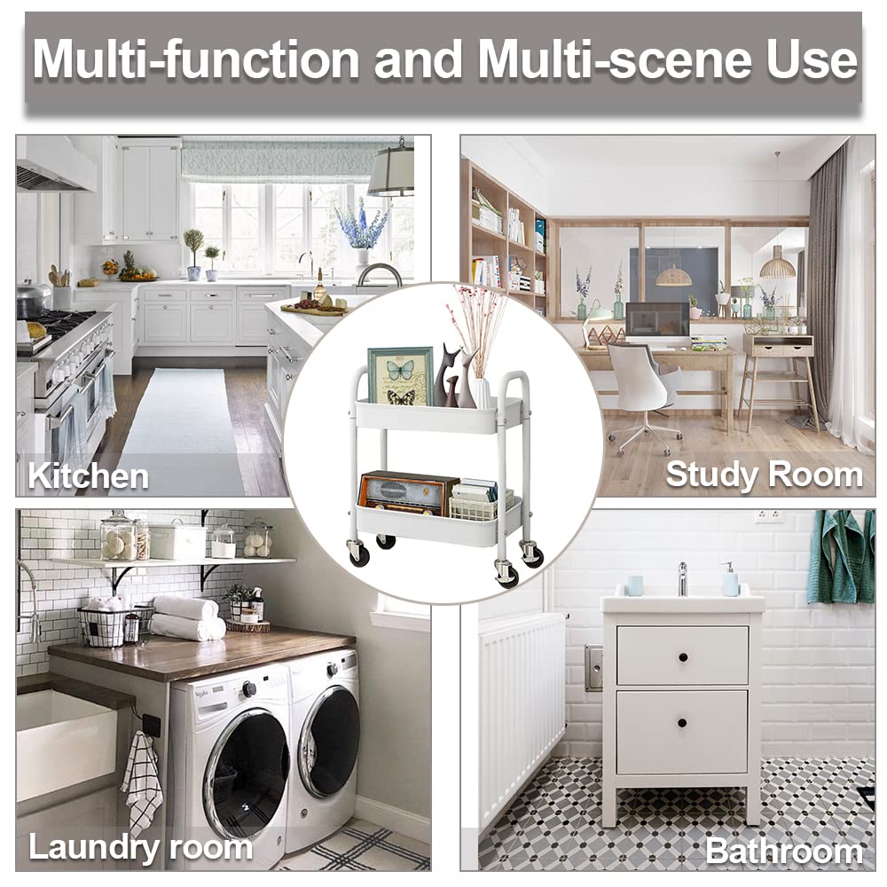 2 Tier All-Metal Rolling Cart, Rolling Storage Cart with Handle and Locking Wheels Kitchen Cart Laundry Office Bathroom Storage Organizer Cart, White Melody House