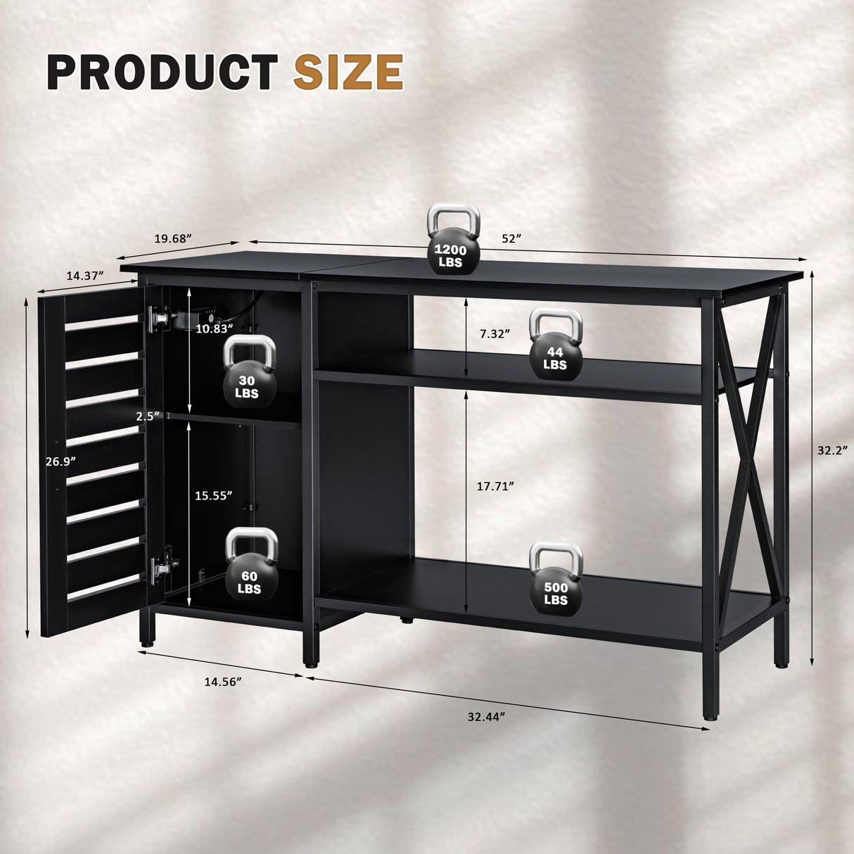 WARCAT 55-75 Gallon Aquarium Stand, Fish Tank Stand, Support up to 1200 lbs, 52" L x 19.68" W Tabletop, Built-In Power Outlet, Dual Storage Cabinets and Shelves (Black) WARCAT