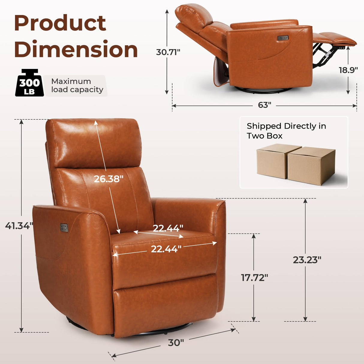Homdox Power Recliner Chair Swivel Glider with Massage and Heat, Living Room Nursery Reclining Chair with USB, Faux Leather, for Small Spaces, Orange-Brown Homdox