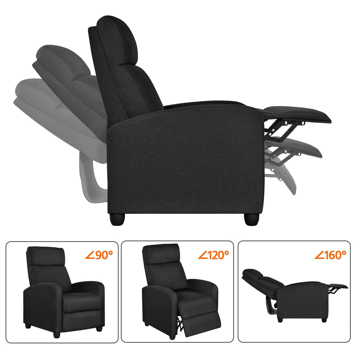 Topeakmart Fabric Recliner Sofa Push Back Recliner Chair Adjustable Modern Single Reclining Chair Upholstered Sofa with Pocket Spring Living Room Bedroom Home Theater Matte Black Topeakmart