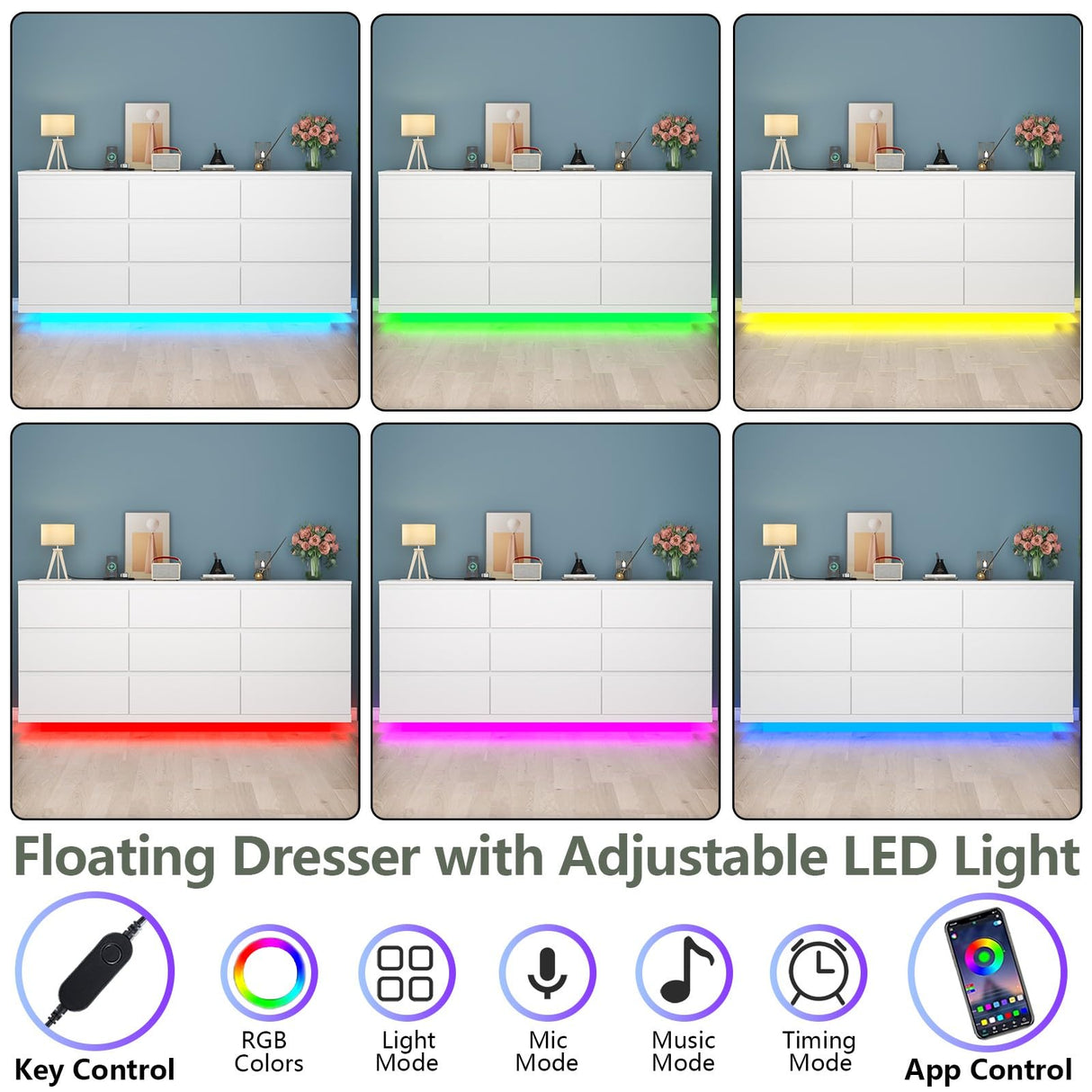 Gyfimoie 9 Drawer Dresser with Power Outlet, Floating White Dresser Chest of Drawer with LED Light,Modern Double Wide Drawer Organizer Cabinet for Bedroom,Living Room (9 Drawer-White) Gyfimoie