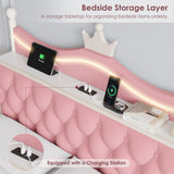 Keyluv Full LED Canopy Bed Frame with Storage Drawers and Charging Station, Four Poster Bed Frame with Upholstered Button Tufted Crown Headboard, 2 in 1 Royal Princess Pink Bed with Removable Posts Keyluv