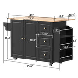 55.6“ Kitchen Island On Wheels, Rolling Kitchen Island Cart with Drop Leaf, Kitchen Storage Cabinet with 3 Drawers and Inner Adjustable Shelves for Dining Room/Living Room, Towel Rack Spice Cart Black VALONDINO