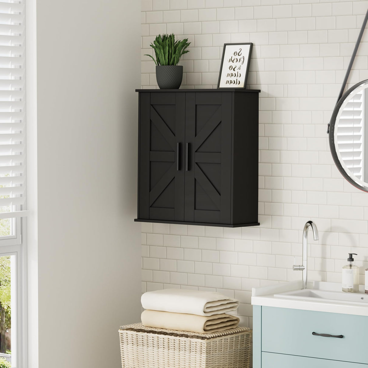 Homleke Bathroom Wall Cabinet, Over Toilet Storage Cabinet with Barn Doors and Adjustable Shelves, 3-Tier Medicine Cabinet Wall Mounted, for Bathroom, Kitchen, Entryway, Laundry Room, Black, (7.9" D) Homleke