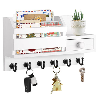 VIS'V Key Holder for Wall, Wooden Key Mail Holder with Drawer Wall Mount Key Organizer Mail Sorter with 6 Key Hooks Key Rack with Shelf for Entryway Doorway Hallway - White