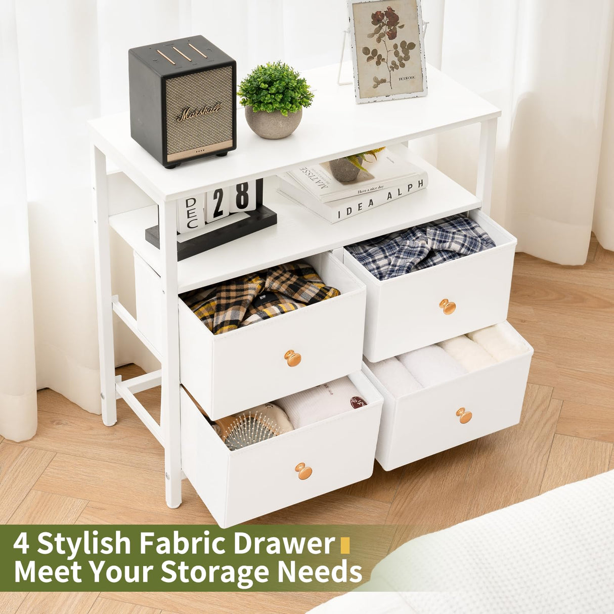 Yoobure Night Stand with Charge Station, Nightstand with 4 Drawers Bedside Table, LED Dresser with Storage Shelf, Night Stands for Bedroom, Side Table 3-Tier Wood End Table for Home, Office White Yoobure