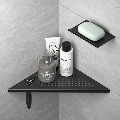Bernkot 10'' Corner Shower Shelf w/Soap Holder, 304 Stainless Steel Grout in Shelf for Bathroom, Recessed Shelf Rack for Tiled Wall, No Drilling Needed (Black) Bernkot