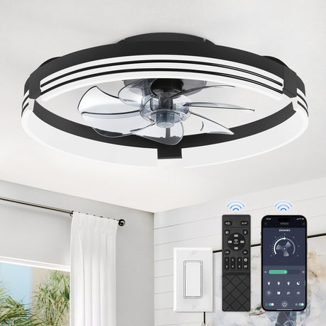 ZMISHIBO Low Profile Ceiling Fans with Lights and Remote, 20 Inch Flush Mount Ceiling Fan with Light, 3000K-6000K Dimmable Fandelier LED Fan Light, 6 Wind Speeds Black Ceiling Fans for Bedroom ZMISHIBO