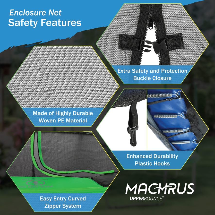 Machrus Upper Bounce Trampoline Safety Enclosure Set for 8 FT 10FT 12FT 13FT 14FT 15FT 16FT Frames - Includes Net, Poles & Hardware - Installs Inside Frame Upper Bounce