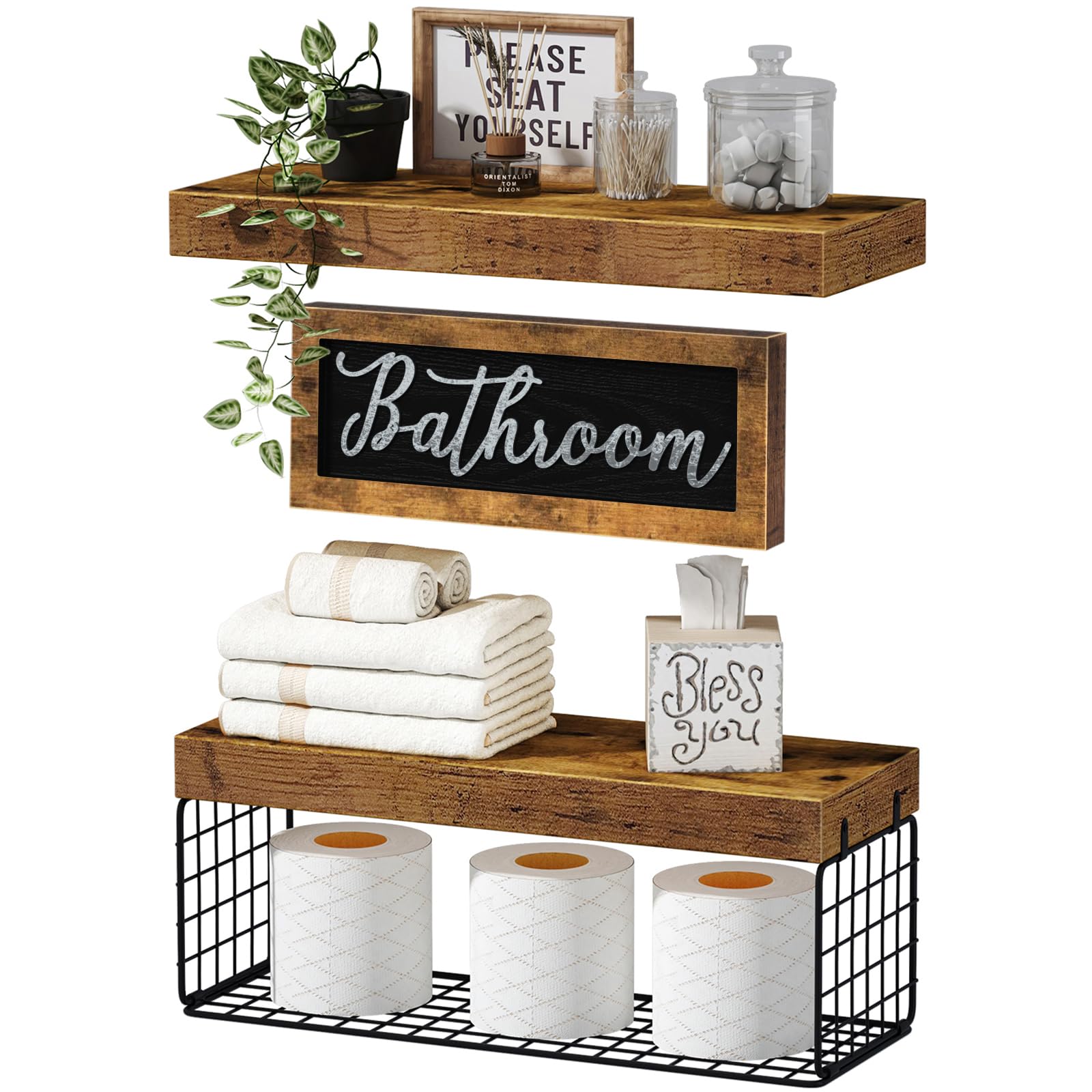 QEEIG Bathroom Furniture Sets, Shelves Over Toilet Bathroom Decor Farmhouse Decorations Aesthetic Décor Sign Small Wall Shelf 2+1 Set 16 inch, Rustic Brown - WoodArtSupply