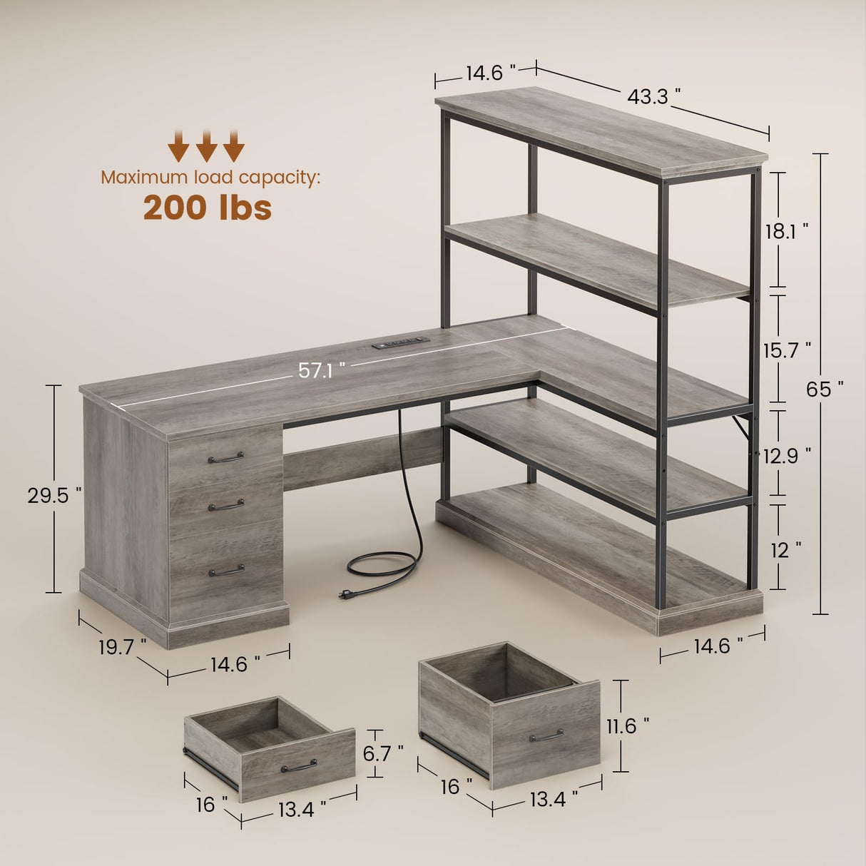 SEDETA Farmhouse 57.1" L Shaped Desk with Drawers, Home Office Desk with Storage Shelves, L Shaped Computer Desk with File Drawer & Bookshelves, Computer Desk with Power Outlets for Home Office, Grey SEDETA