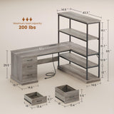 SEDETA Farmhouse 57.1" L Shaped Desk with Drawers, Home Office Desk with Storage Shelves, L Shaped Computer Desk with File Drawer & Bookshelves, Computer Desk with Power Outlets for Home Office, Grey SEDETA