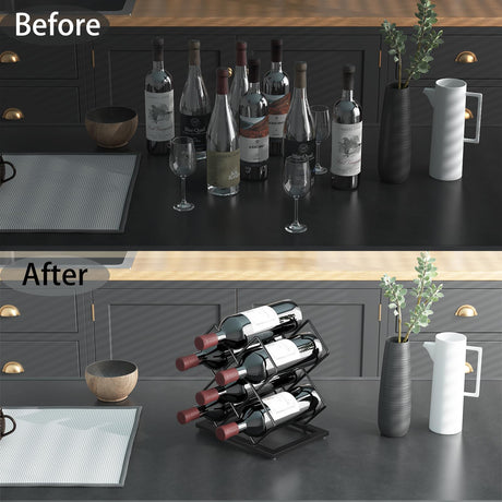 KOKSTOP Countertop Wine Rack, 6 Bottles Wine Storage Capacity, Modern Corner Metal Wine Bottle Holder for Bar, Cabinet, Pantry, Tabletop Wine Racks for Cup and Water Bottle – Black KOKSTOP