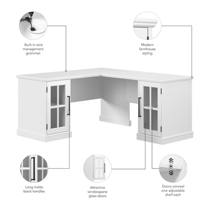 Bush Furniture Westbrook 60W L Shaped Desk with Storage in White Ash | Farmhouse Desk for Home Office Workspace - WoodArtSupply