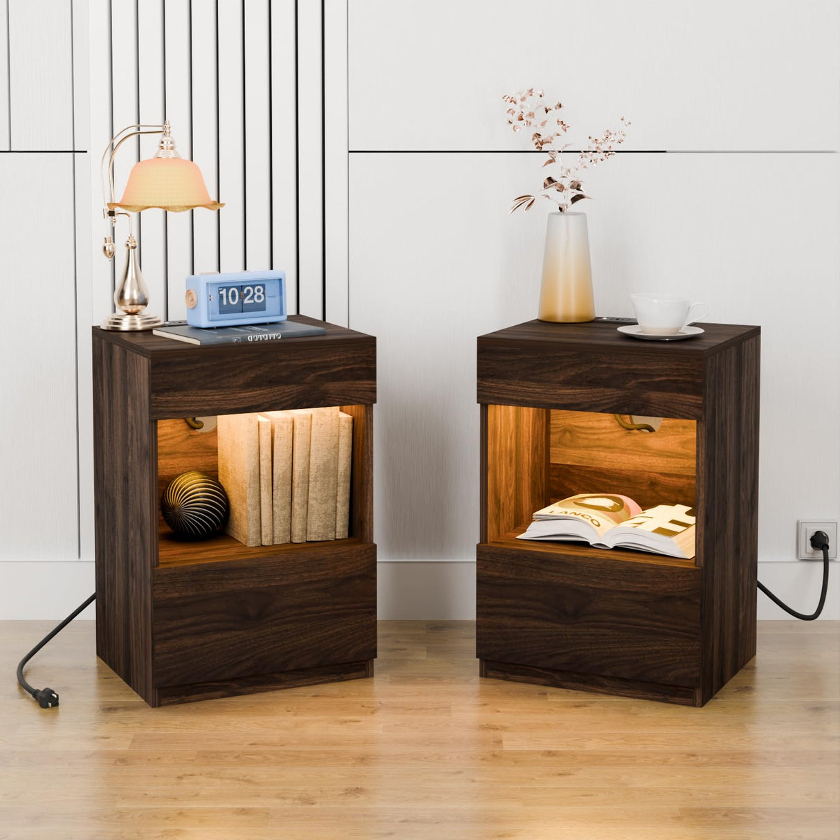 HOMMPA Set of 2 Open Shelf LED Nightstands with Charging Station Dark Walnut 2 Drawers Bedside Table with Led Light Smart Night Stand with Storage Wood Night Table Mid Century for Bedroom Furniture HOMMPA