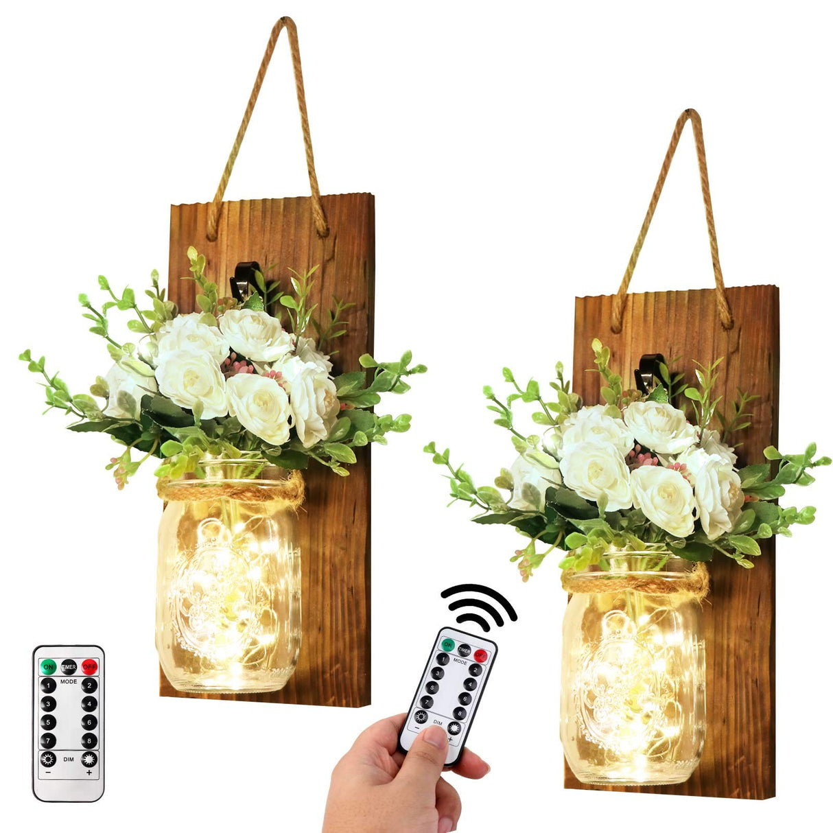 AerWo 2Pcs Mason Jar Sconces Wall Decor, Handmade Rustic Sunflower Wall Decor with LED Fairy Lights and Flowers, Hanging Mason Jar for Farmhouse Kitchen Decorations Living Room Lights AerWo