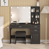 Fameill Vanity Desk with Lighted Mirror & Power Strip,Large Vanity Table with Glass top and Lots Storage,3 Drawer Makeup Desk with Hair Dryer Stand,3 Lighting Modes,Black Fameill