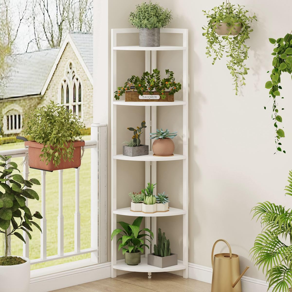 FATORRI Tall Corner Shelf, 5 Tier Modern Corner Bookshelf Stand, Wood and Metal Corner Plant Bookcase for Living Room, Home Office (White Oak) FATORRI