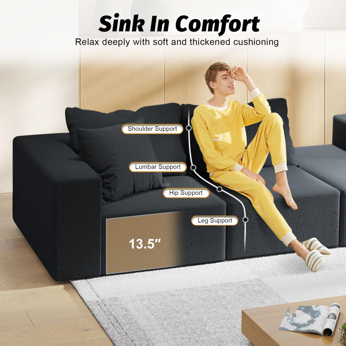 MJQFVM 132'' Oversized Cloud Couch, Upholstered Modular Sectional Sofa with 6 Pillows, Deep Seat Chenille Couches for Living Room, Free Combination, No Assembly Required (Black) MJQFVM