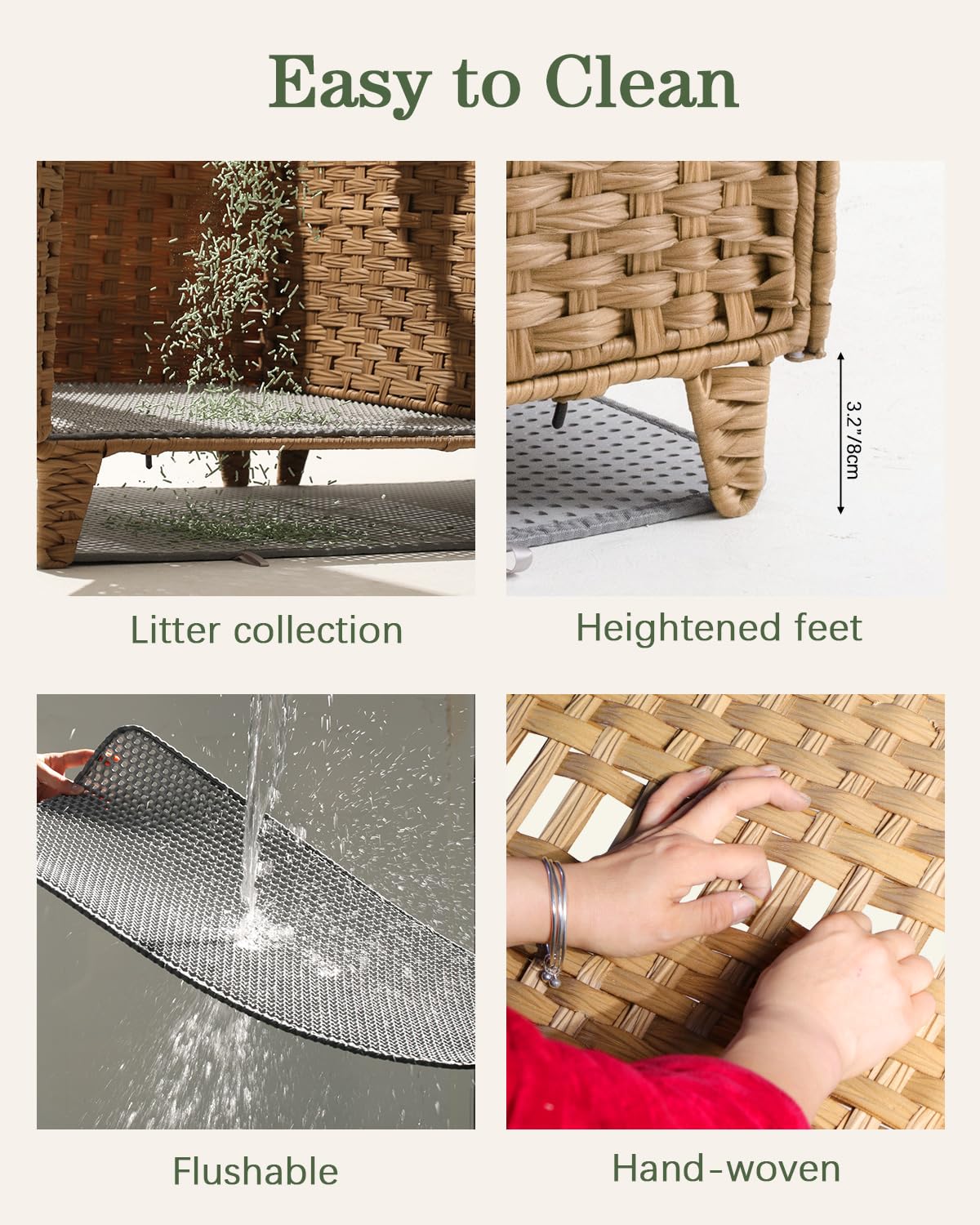 SETVSON Cat Litter Box Enclosure for 2 Cats, Double Litter Box Furniture with Litter Mat, Large Rattan Hidden Kitty Cat House with Double Room and Doors, 2 S-Shaped Hooks, 2 Inch Fence Natural SETVSON