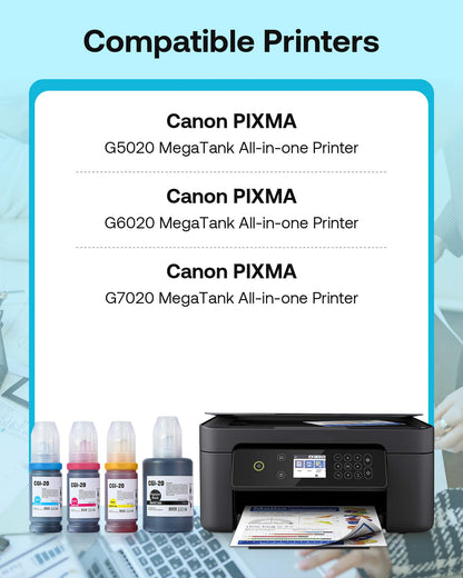 GI-20 GI20 Refill Ink Bottles Kit Compatible for Canon PIXMA G6020 G7020 G5020 MegaTank Printers, 4-Pack (170ML GI-20 Black, 70ML GI20 Color)