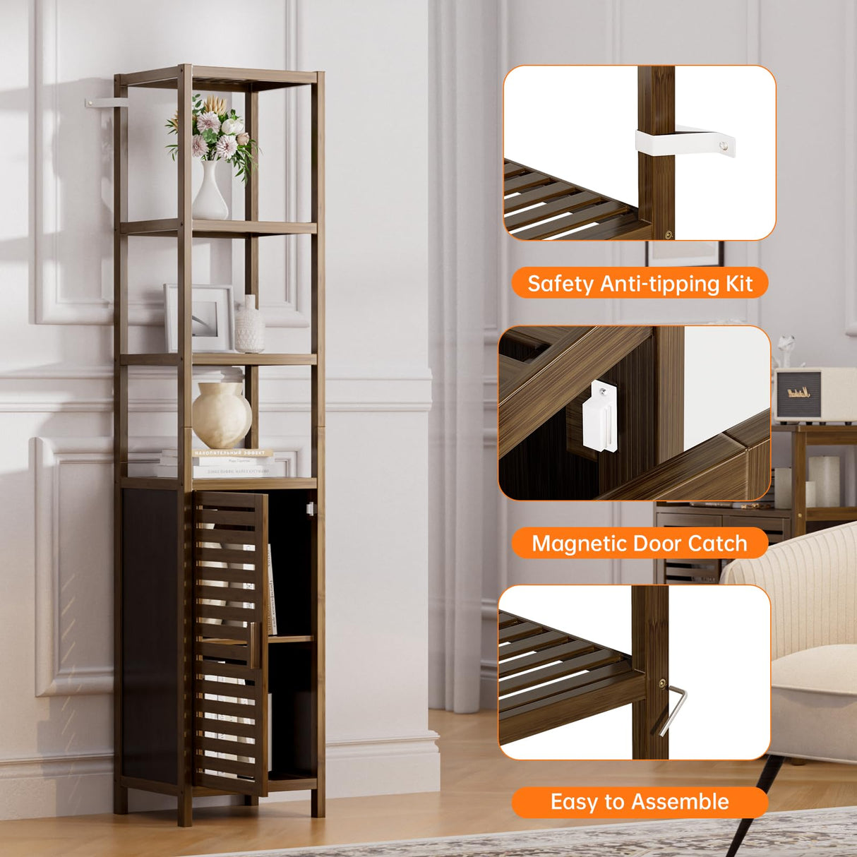 HITNET Bathroom Cabinet, Bamboo Floor Cabinet Freestanding Narrow Storage Unit with Removable Shelves, 6 Tier Tall Cabinet, Walnut HITNET